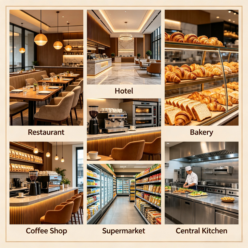 Commercial kitchen equipment used across restaurants, hotels, bakeries, caf&eacute;s, and supermarkets