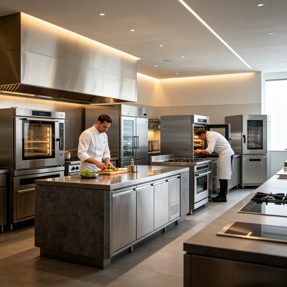 Modern commercial kitchen equipped with professional restaurant kitchen equipment