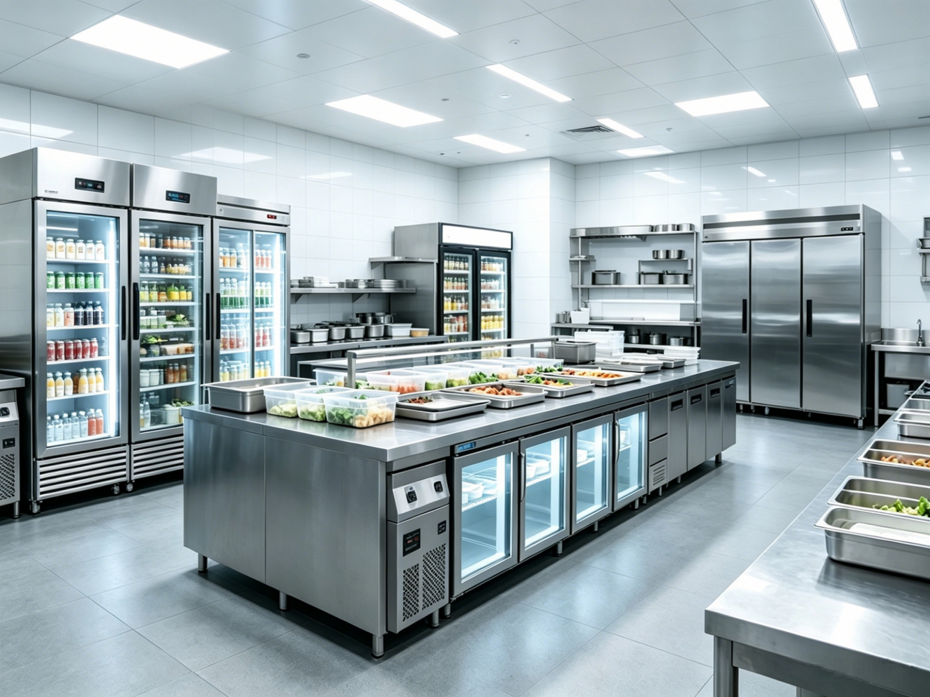 Professional commercial refrigeration equipment in a modern restaurant kitchen