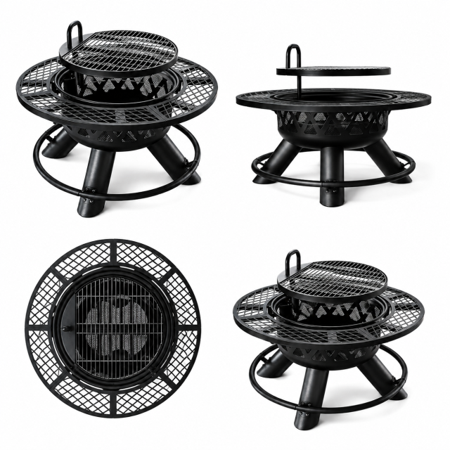 Charcoal BBQ Grill | Round Outdoor Charcoal Grill with Elevated Cooking Rack