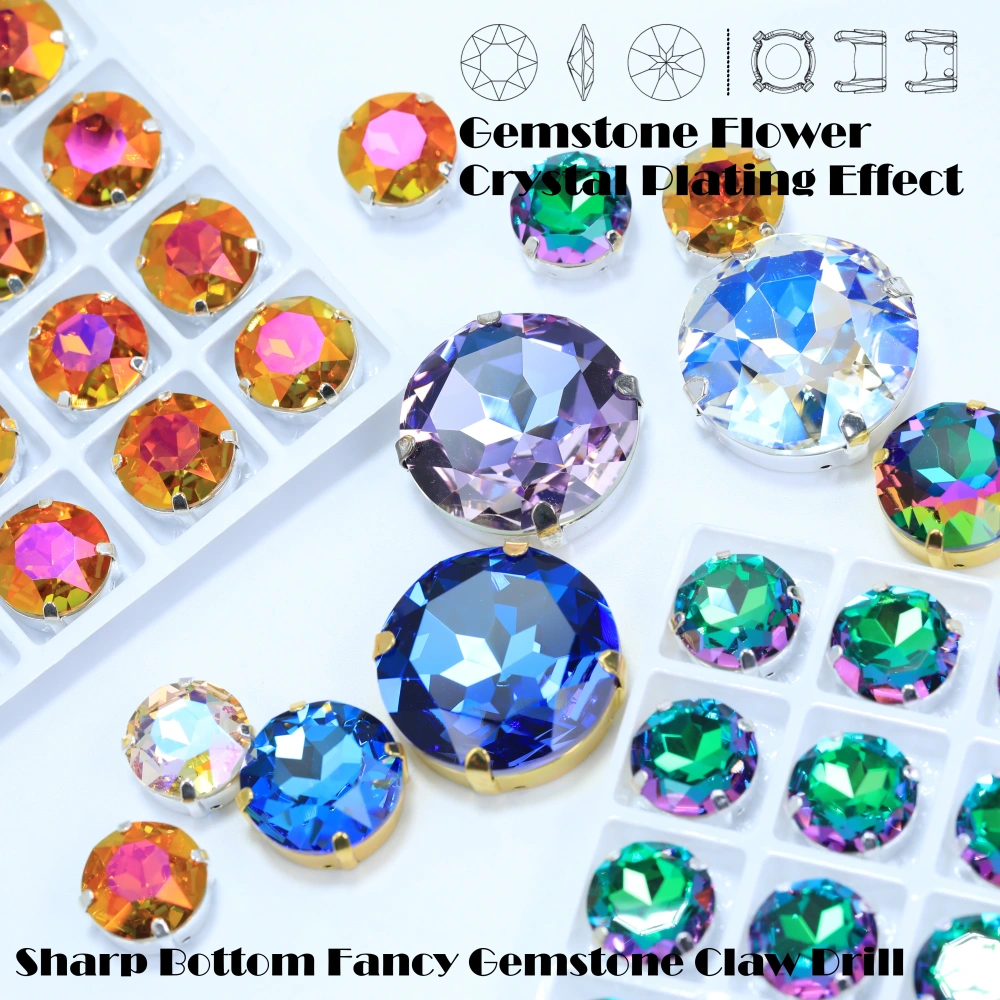 Gem Flower Big Size Glass Crystal White Coated Sew On Stones Clothes Phone Case Bedazzling Bag Decor DIY Craft Making Supplies
