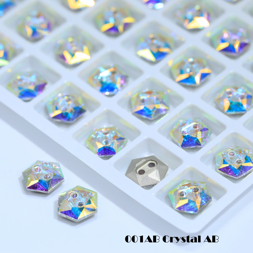 Sparkling Glass Crystal Rhinestones Hexagon Buttons Stone-Design Version White Coated Sew-on  Shiny Decorations for Clothes Bags