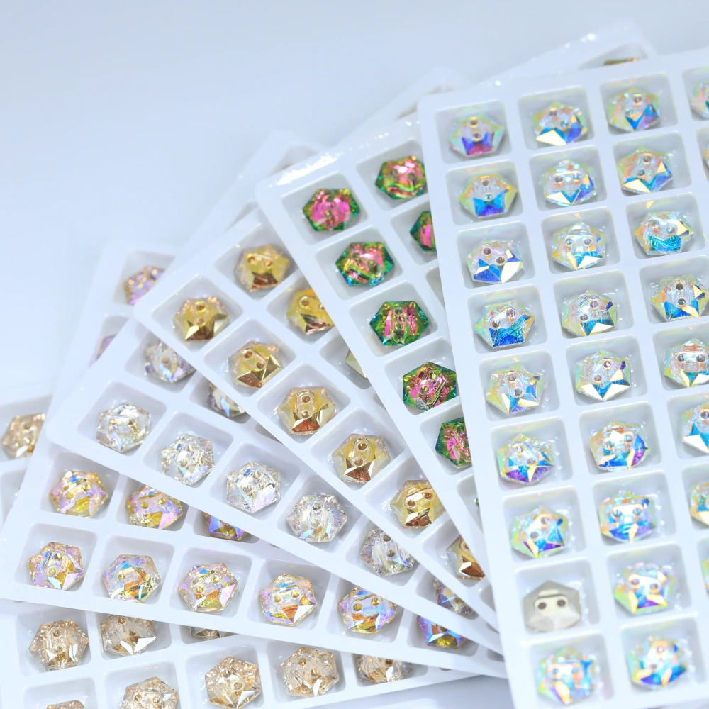 Sparkling Glass Crystal Rhinestones Hexagon Buttons Stone-Design Version White Coated Sew-on  Shiny Decorations for Clothes Bags
