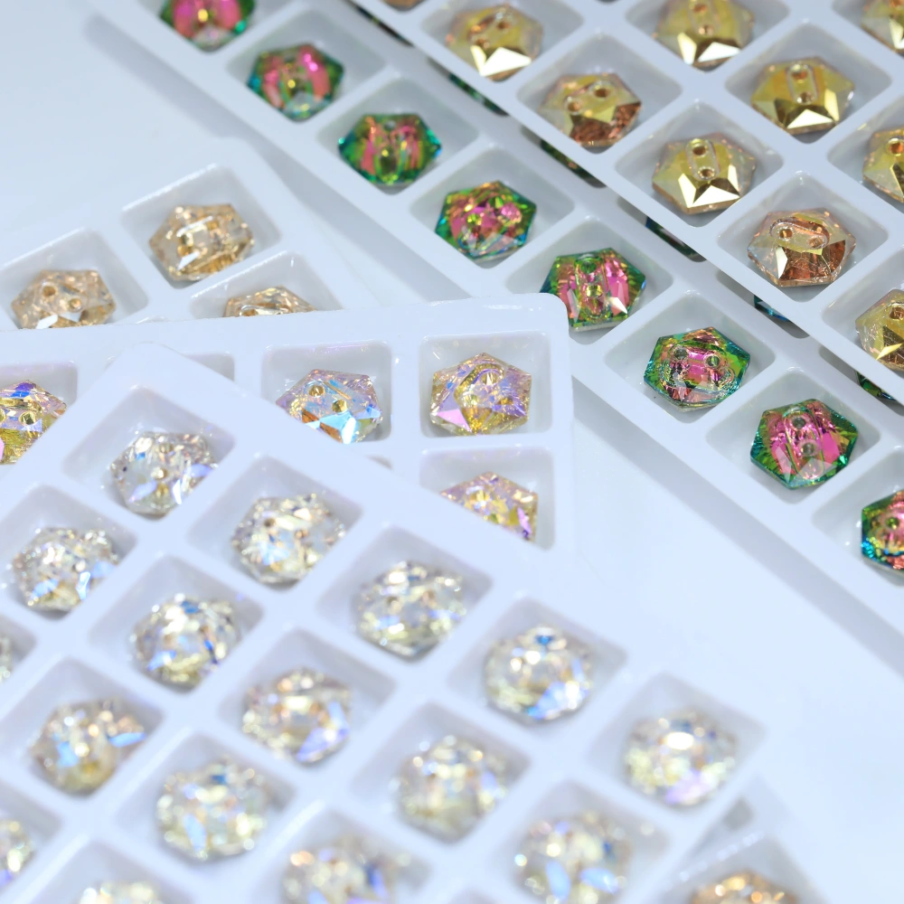 Sparkling Glass Crystal Rhinestones Hexagon Buttons Stone-Design Version White Coated Sew-on  Shiny Decorations for Clothes Bags