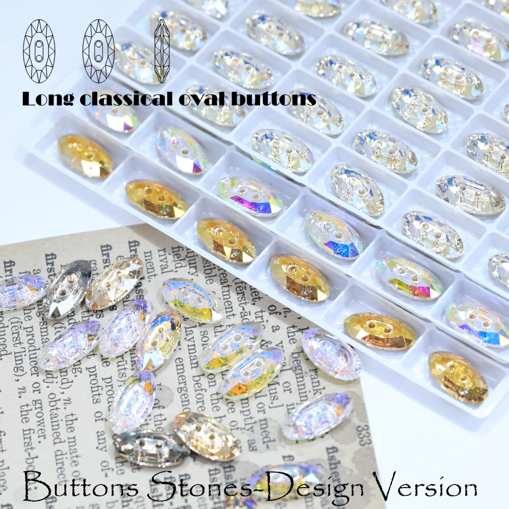 Sparkling Crystal Long Classical Oval Buttons Stone Design Version White Coated Rhinestones Clothes Bags DIY Crafts Accessories