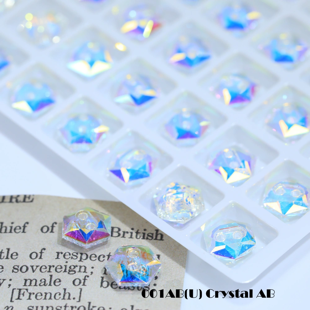 Sparkling Glass Crystal Rhinestones Hexagon Buttons Stone-Design Version White Coated Sew-on  Shiny Decorations for Clothes Bags