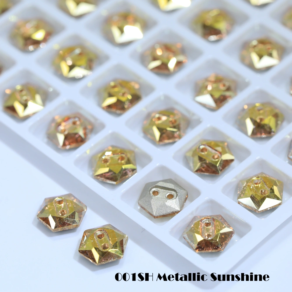 Sparkling Glass Crystal Rhinestones Hexagon Buttons Stone-Design Version White Coated Sew-on  Shiny Decorations for Clothes Bags