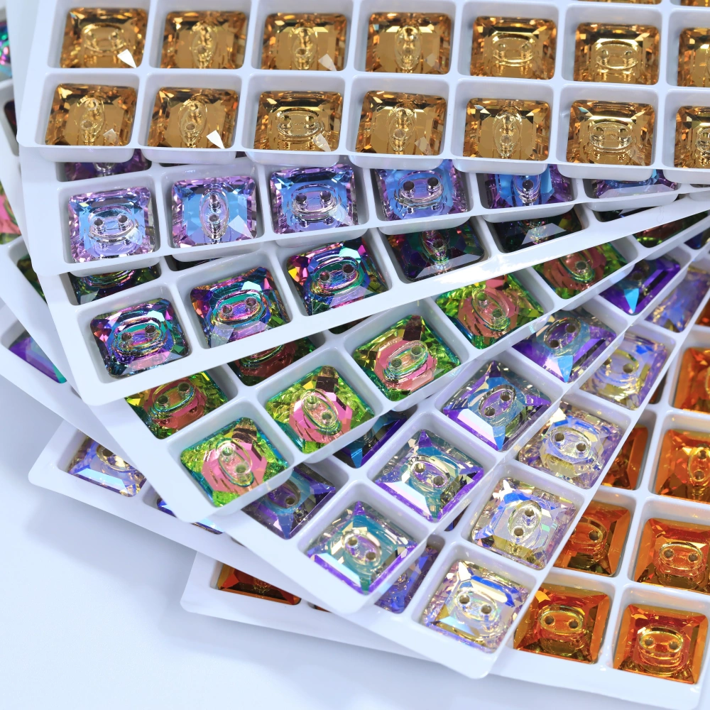High Quality Rhinestones 2 Hole Square Crystal Buttons Stones  White Coated Sew-on Sparkling Fancy for DIY Crafts Wedding Dress