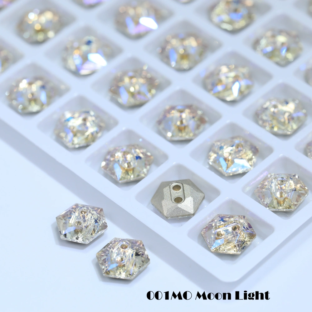 Sparkling Glass Crystal Rhinestones Hexagon Buttons Stone-Design Version White Coated Sew-on  Shiny Decorations for Clothes Bags