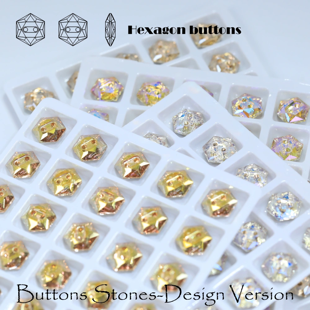 Sparkling Glass Crystal Rhinestones Hexagon Buttons Stone-Design Version White Coated Sew-on  Shiny Decorations for Clothes Bags