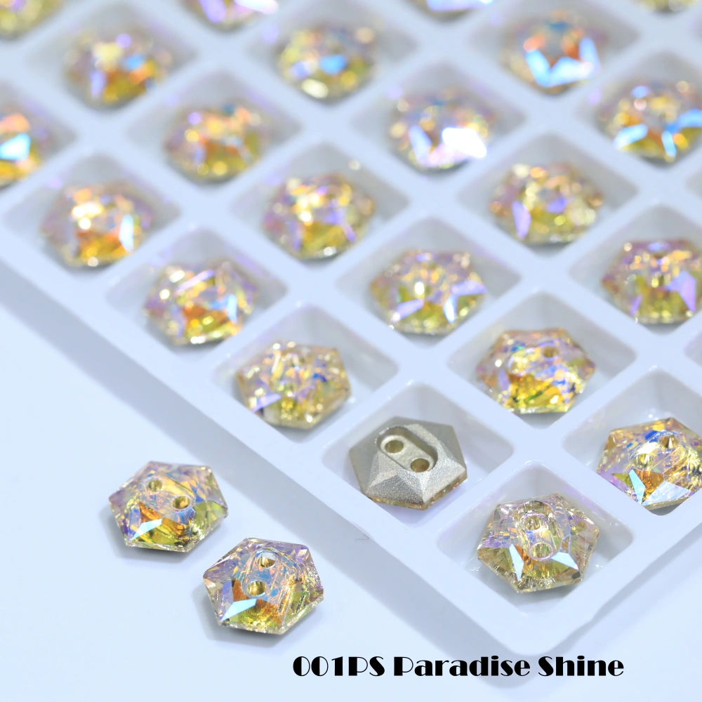 Sparkling Glass Crystal Rhinestones Hexagon Buttons Stone-Design Version White Coated Sew-on  Shiny Decorations for Clothes Bags