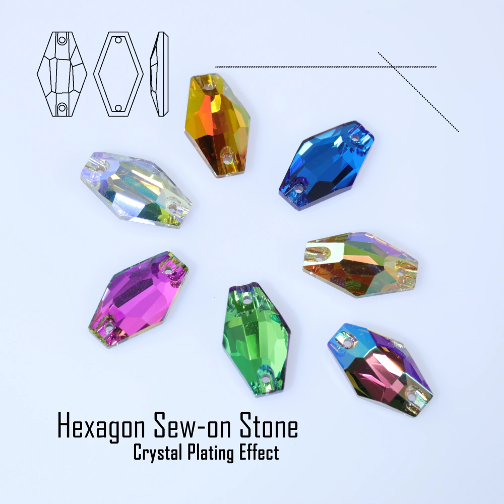Hexagon Sew-on Stone Crystal Plating Effect Top Quality Glass Crystal Sewing Stones Flatback Sew on Rhinestones For  Clothing