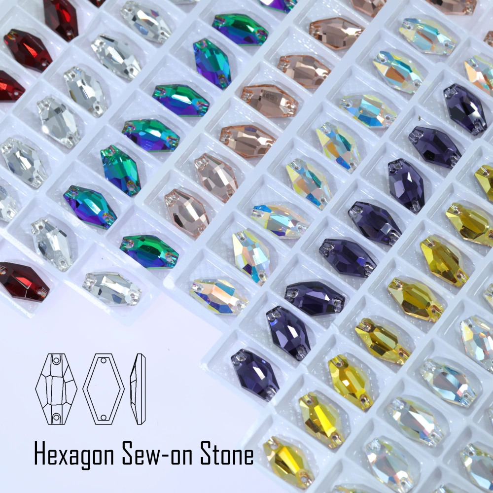 Hexagon Sew-on Stone Crystal Plating Effect Top Quality Glass Crystal Sewing Stones Flatback Sew on Rhinestones For  Clothing