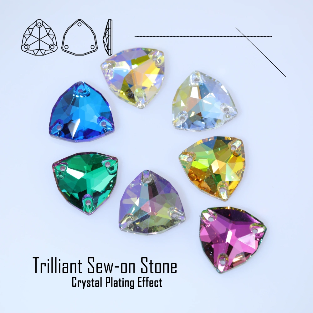 Rhinestone Trilliant Sew-on Stone Crystal Plating Effect Top Quality Sparkling Fancy K9 glass rhinestones with flatback  sewing