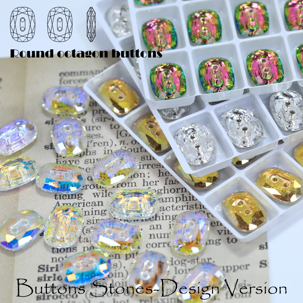 Rhinestones 2 Hole Round Octagen Buttons Stone-Design Version White Coated High Quality Crystal Sparkling Fancy for DIY Clothing