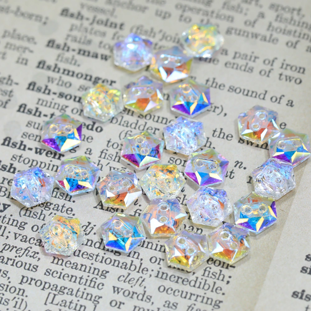 Sparkling Glass Crystal Rhinestones Hexagon Buttons Stone-Design Version White Coated Sew-on  Shiny Decorations for Clothes Bags