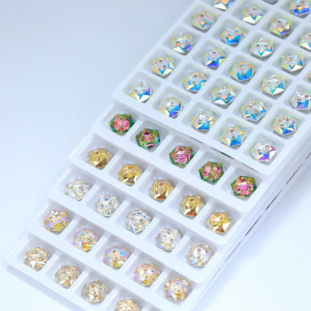 Sparkling Glass Crystal Rhinestones Hexagon Buttons Stone-Design Version White Coated Sew-on  Shiny Decorations for Clothes Bags