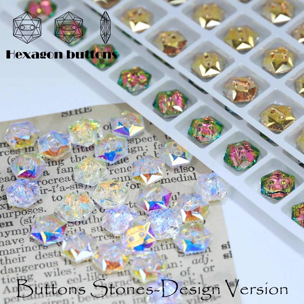 Sparkling Glass Crystal Rhinestones Hexagon Buttons Stone-Design Version White Coated Sew-on  Shiny Decorations for Clothes Bags