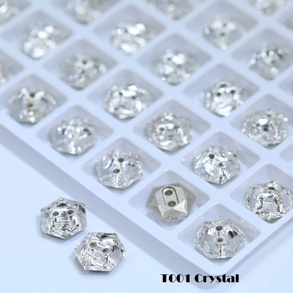 Sparkling Glass Crystal Rhinestones Hexagon Buttons Stone-Design Version White Coated Sew-on  Shiny Decorations for Clothes Bags