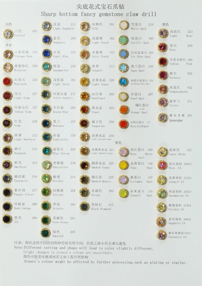 Nest Claw Rhinestone Color Swatch Card Size Spec Reference Card  Sharp bottom fancy gemstone claw drill