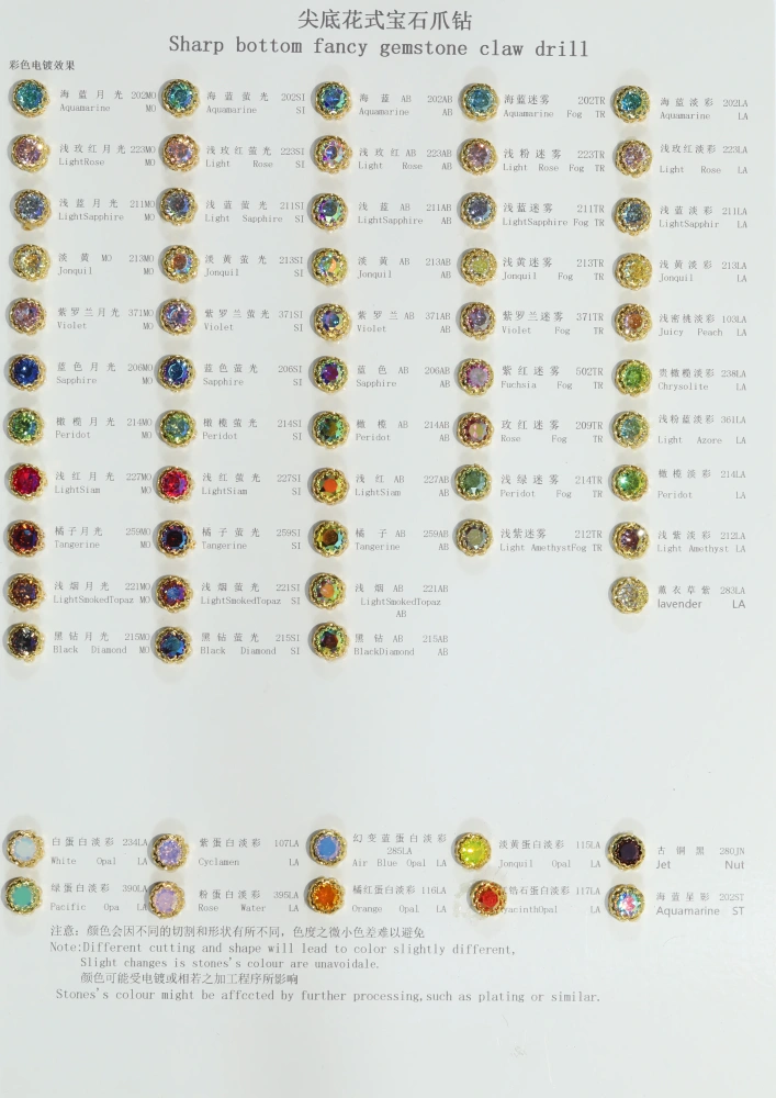 Nest Claw Rhinestone Color Swatch Card Size Spec Reference Card  Sharp bottom fancy gemstone claw drill