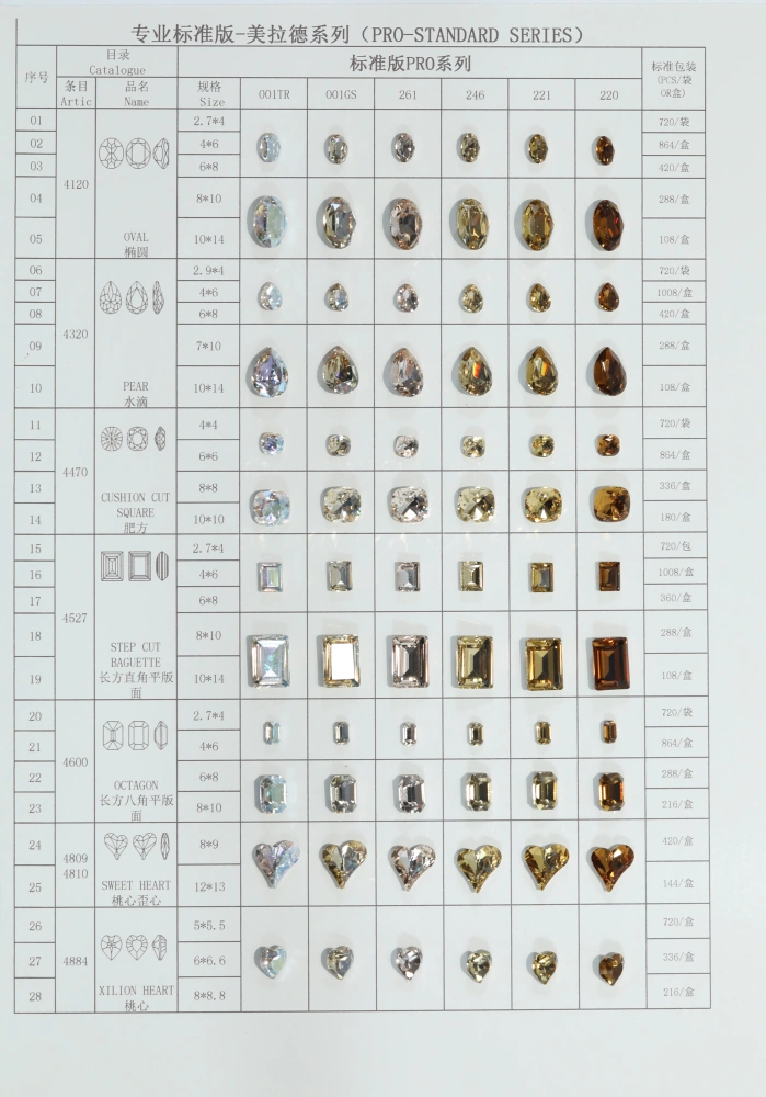 Pointed Bottom PRO-Standard Series Rhinestone Color Chart Size Specification Card DIY Jewelry Making Swatch Card