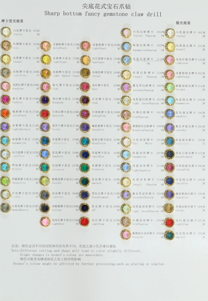 Nest Claw Rhinestone Color Swatch Card Size Spec Reference Card  Sharp bottom fancy gemstone claw drill