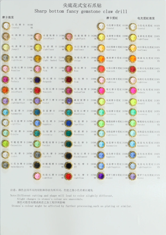 Nest Claw Rhinestone Color Swatch Card Size Spec Reference Card  Sharp bottom fancy gemstone claw drill