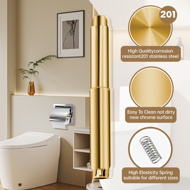 Stainless Steel Toilet Paper Holder Rod 2.0 - Universal Fit Spring Roller, Quick Release & Rust-Proof, Brushed Gold Finish