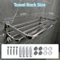 Bathroom Towel Storage Bundle: Double Foldable Rack & 2 Fluffy Hand Towels - SUS304 Stainless Steel Shelf with Super Absorbent Quick-Dry Towels, Gray & White