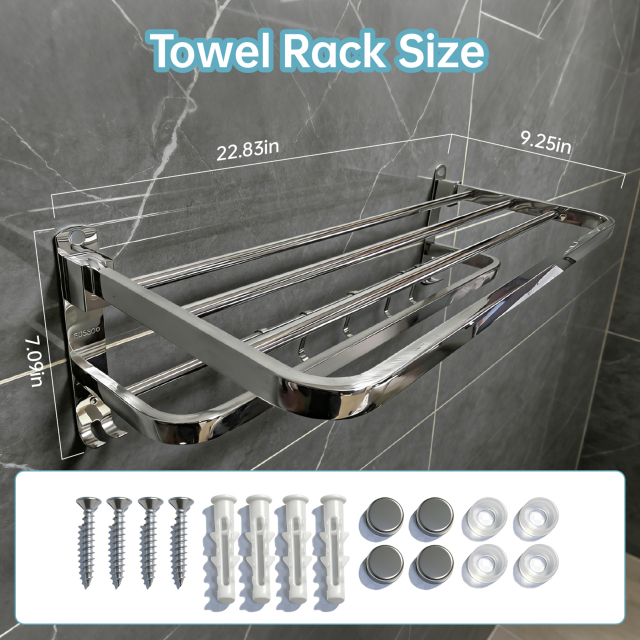 Bathroom Towel Storage Bundle: Double Foldable Rack & 2 Fluffy Hand Towels - SUS304 Stainless Steel Shelf with Super Absorbent Quick-Dry Towels, Gray & White