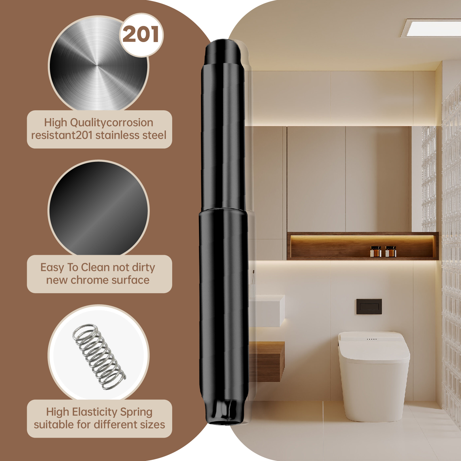 Matte Black Toilet Paper Holder Replacement Rod - Stainless Steel, Universal Fit & Quick Release Spring Roller
