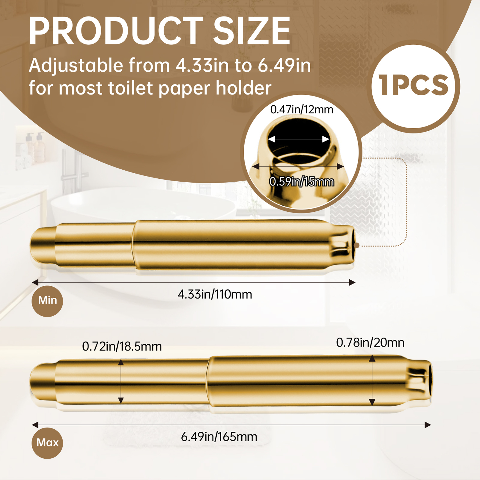 Stainless Steel Toilet Paper Holder Rod 2.0 - Universal Fit Spring Roller, Quick Release & Rust-Proof, Brushed Gold Finish
