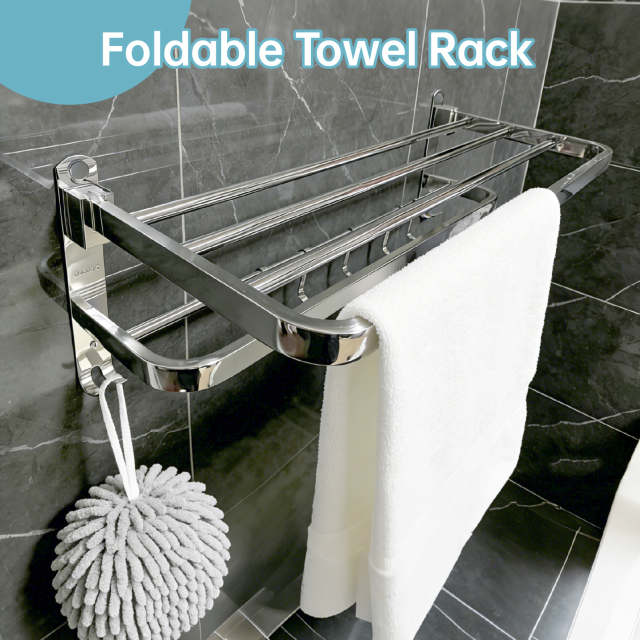 Bathroom Towel Storage Bundle: Double Foldable Rack & 2 Fluffy Hand Towels - SUS304 Stainless Steel Shelf with Super Absorbent Quick-Dry Towels, Gray & White