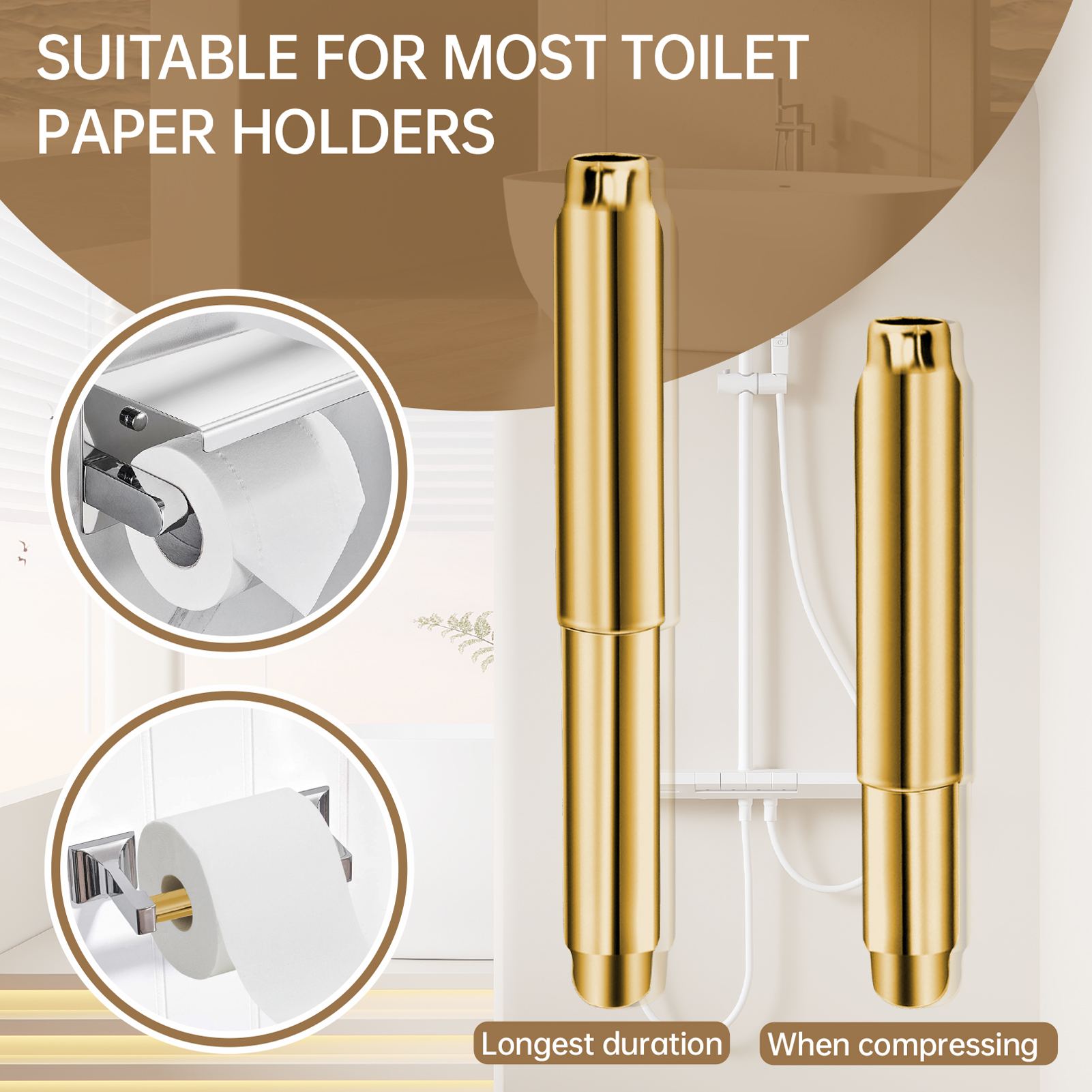 Stainless Steel Toilet Paper Holder Rod 2.0 - Universal Fit Spring Roller, Quick Release & Rust-Proof, Brushed Gold Finish