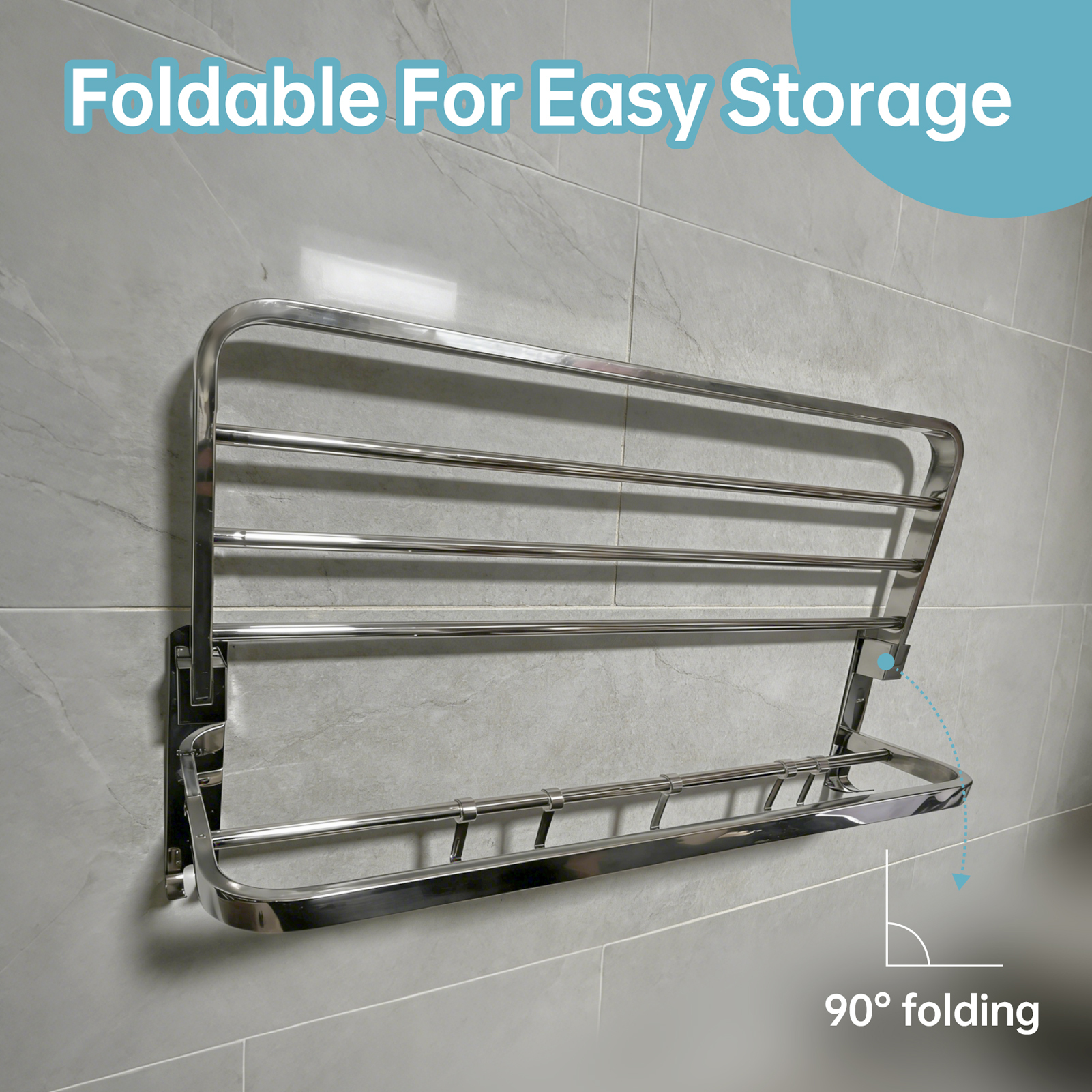 Bathroom Towel Storage Bundle: Double Foldable Rack & 2 Fluffy Hand Towels - SUS304 Stainless Steel Shelf with Super Absorbent Quick-Dry Towels, Gray & White