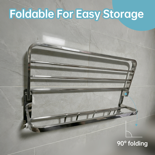 Bathroom Towel Storage Bundle: Double Foldable Rack & 2 Fluffy Hand Towels - SUS304 Stainless Steel Shelf with Super Absorbent Quick-Dry Towels, Gray & White