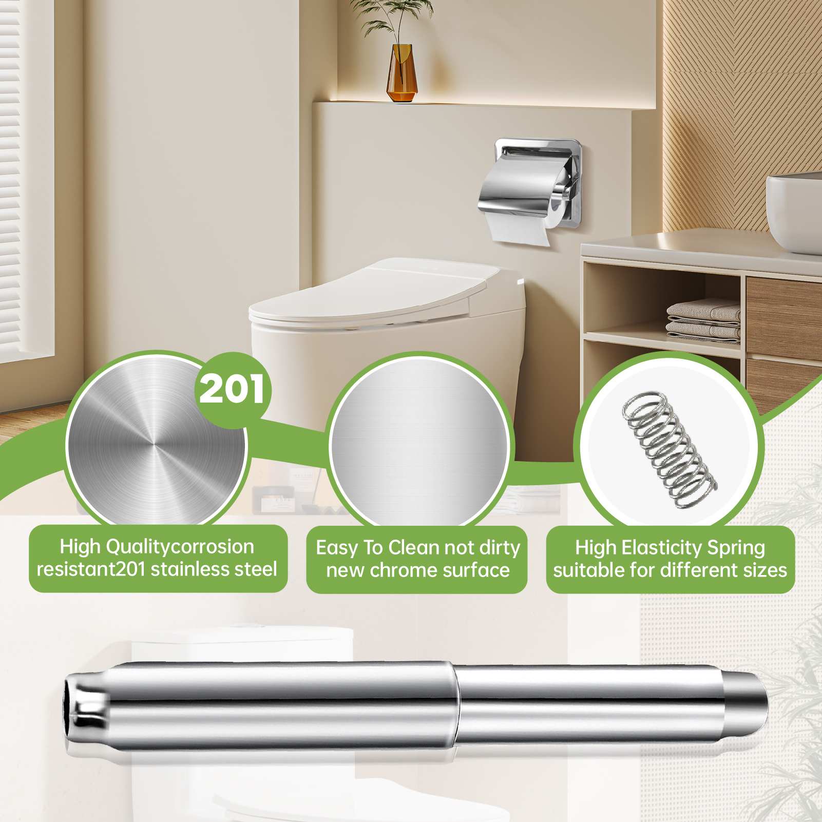 Stainless Steel Toilet Paper Holder Rod - Universal Fit Spring Roller, Quick Release & Rust-Proof, Classic Silver Finish