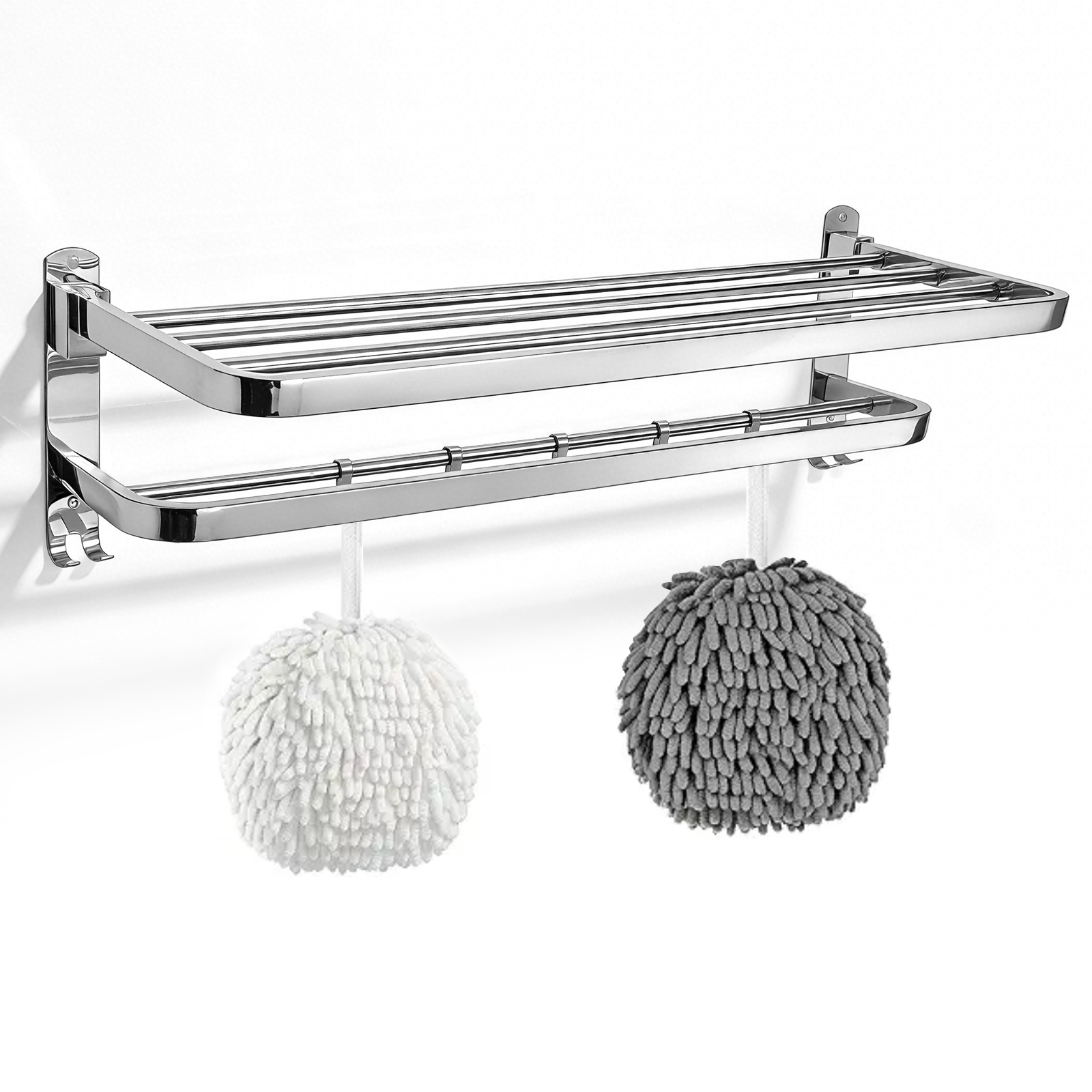 Bathroom Towel Storage Bundle: Double Foldable Rack & 2 Fluffy Hand Towels - SUS304 Stainless Steel Shelf with Super Absorbent Quick-Dry Towels, Gray & White
