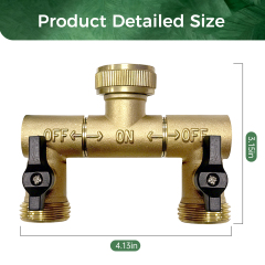 Garden Irrigation 2-Way Brass Splitter - Solid Brass Full Flow 3/4 Inch Dual Outlet Valve with Black Knobs, Freeze & Rust Resistant