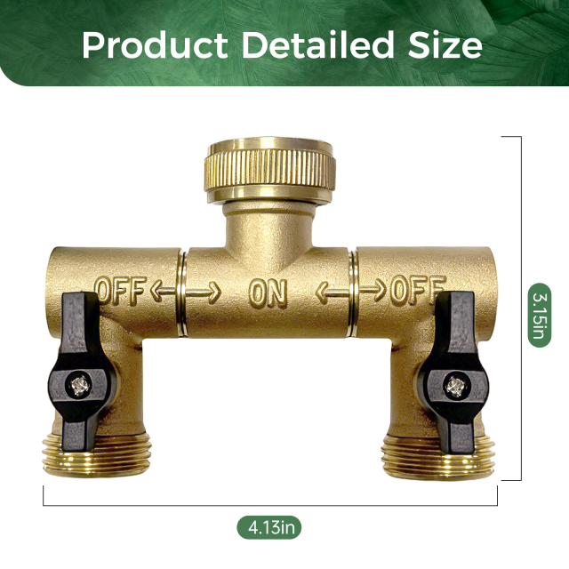 Garden Irrigation 2-Way Brass Splitter - Solid Brass Full Flow 3/4 Inch Dual Outlet Valve with Black Knobs, Freeze & Rust Resistant