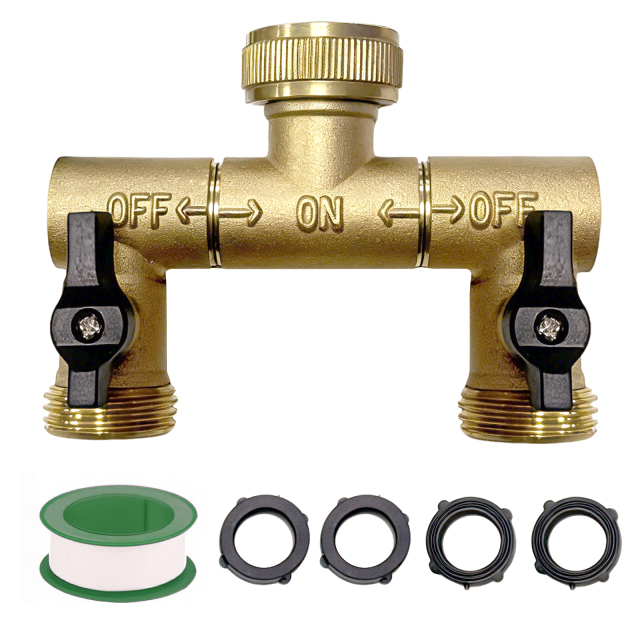 Garden Irrigation 2-Way Brass Splitter - Solid Brass Full Flow 3/4 Inch Dual Outlet Valve with Black Knobs, Freeze & Rust Resistant
