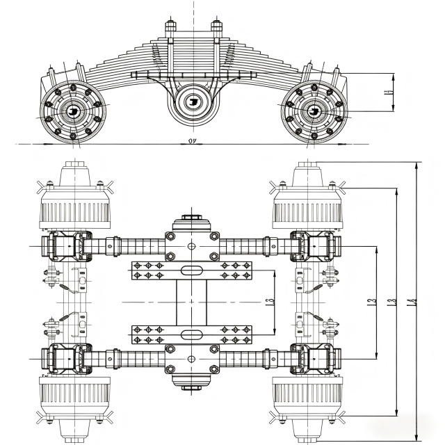 金盛重型车辆用低平台转向架悬挂系统，采用德式车轴