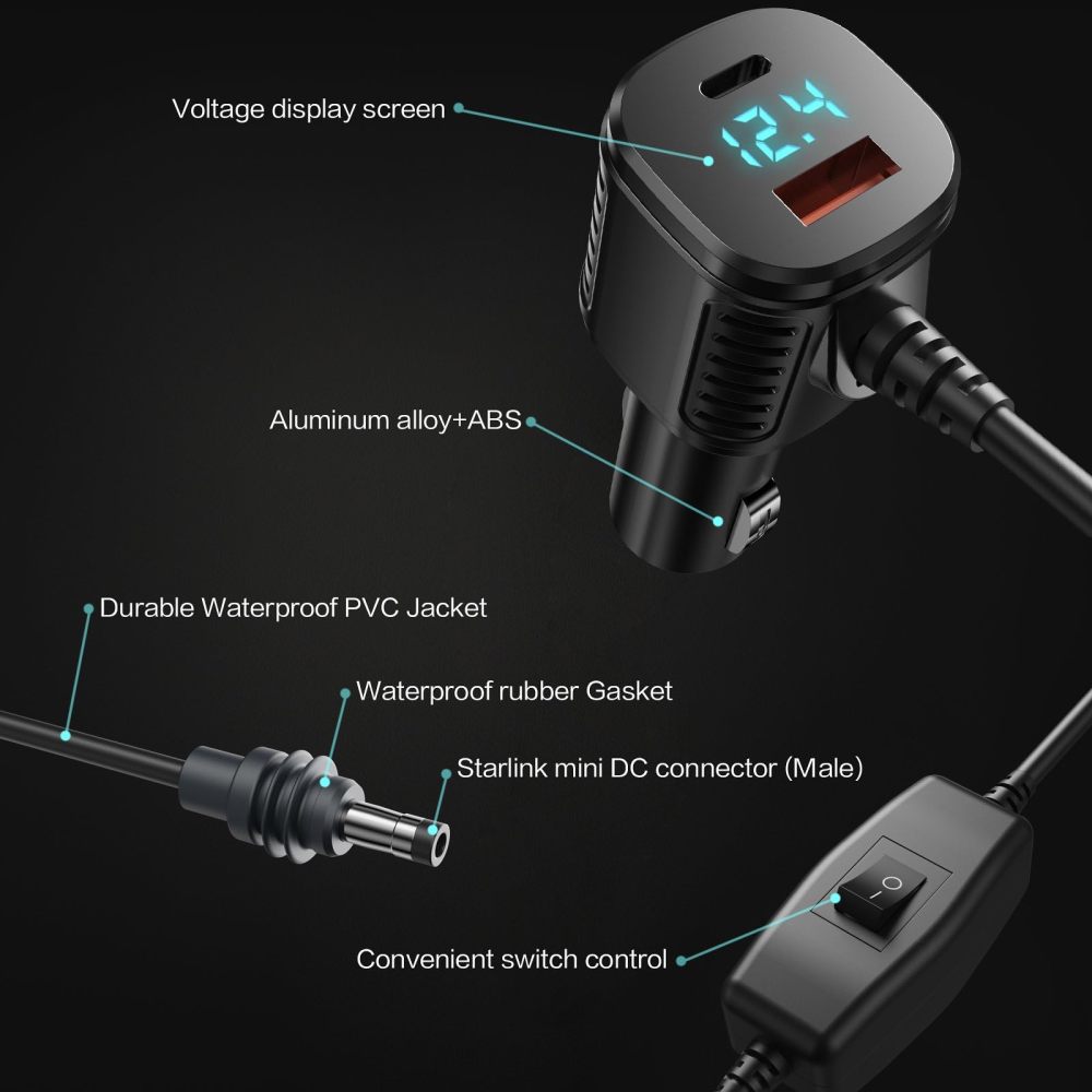 Starlink Mini Cable, 3 in 1 Starlink Mini Car Charger DC Power Cable+ Cigarette Lighter Adapter 12V-48V with Digital Display USB C PD & USB A Ports for Trucks Cars 10FT