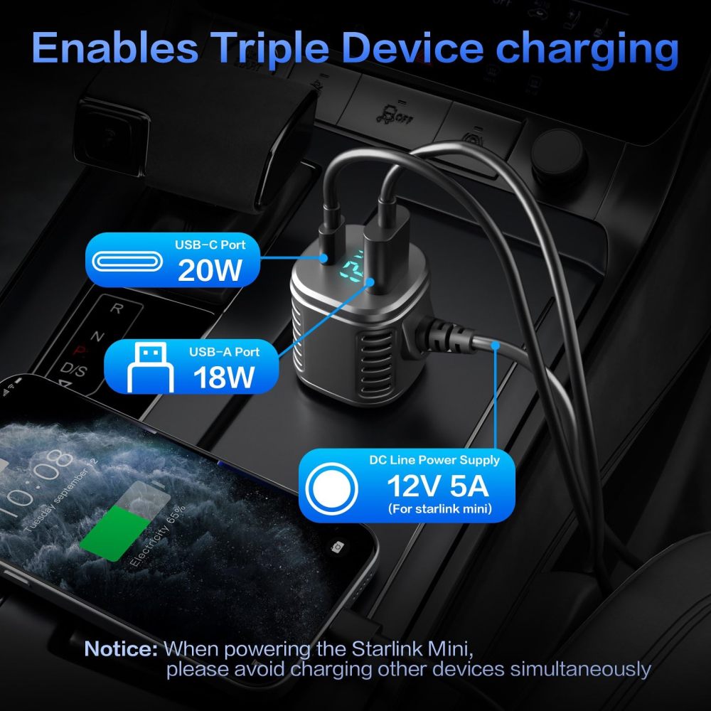 Starlink Mini Cable, 3 in 1 Starlink Mini Car Charger DC Power Cable+ Cigarette Lighter Adapter 12V-48V with Digital Display USB C PD & USB A Ports for Trucks Cars 10FT