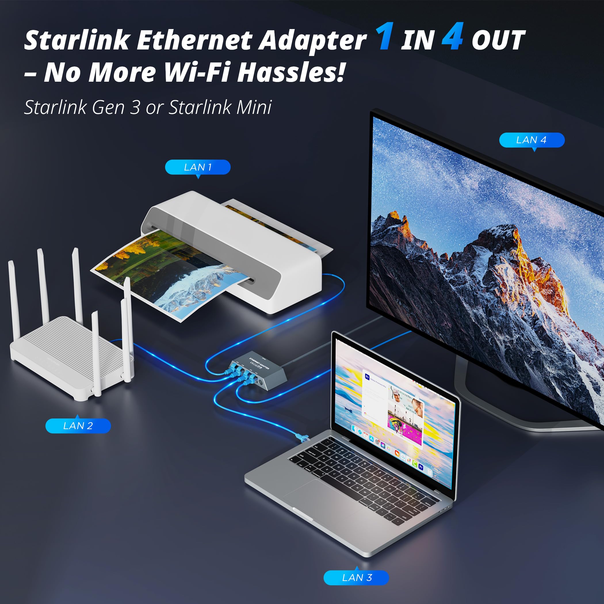 Multi Ports For Starlink Gen 3/ For Starlink Mini Ethernet Adapter for Wired External Network, 4 Ports Starlink Ethernet Adapter 1 to 4 [4 Devices Networked Simultaneously] - Up to 1 Gbps - tejoy