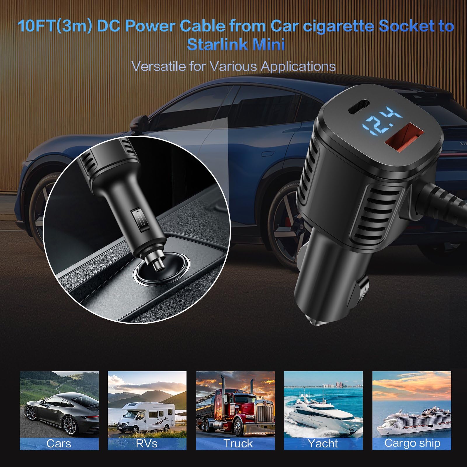 For Starlink Mini Cable, 3 in 1 Starlink Mini Car Charger DC Power Cable+ Cigarette Lighter Adapter 12V-48V with Digital Display USB C PD & USB A Ports for Trucks Cars 10FT - tejoy
