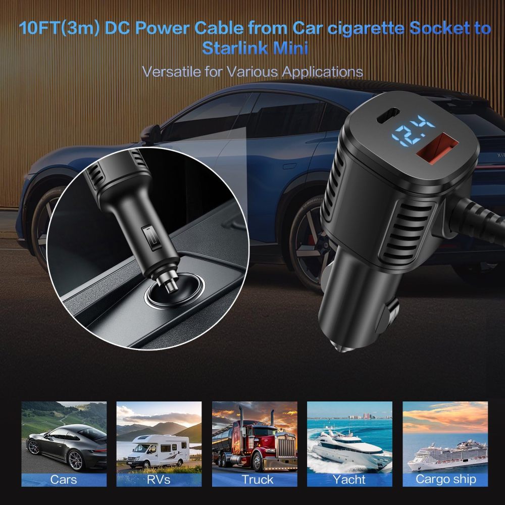 Starlink Mini Cable, 3 in 1 Starlink Mini Car Charger DC Power Cable+ Cigarette Lighter Adapter 12V-48V with Digital Display USB C PD & USB A Ports for Trucks Cars 10FT