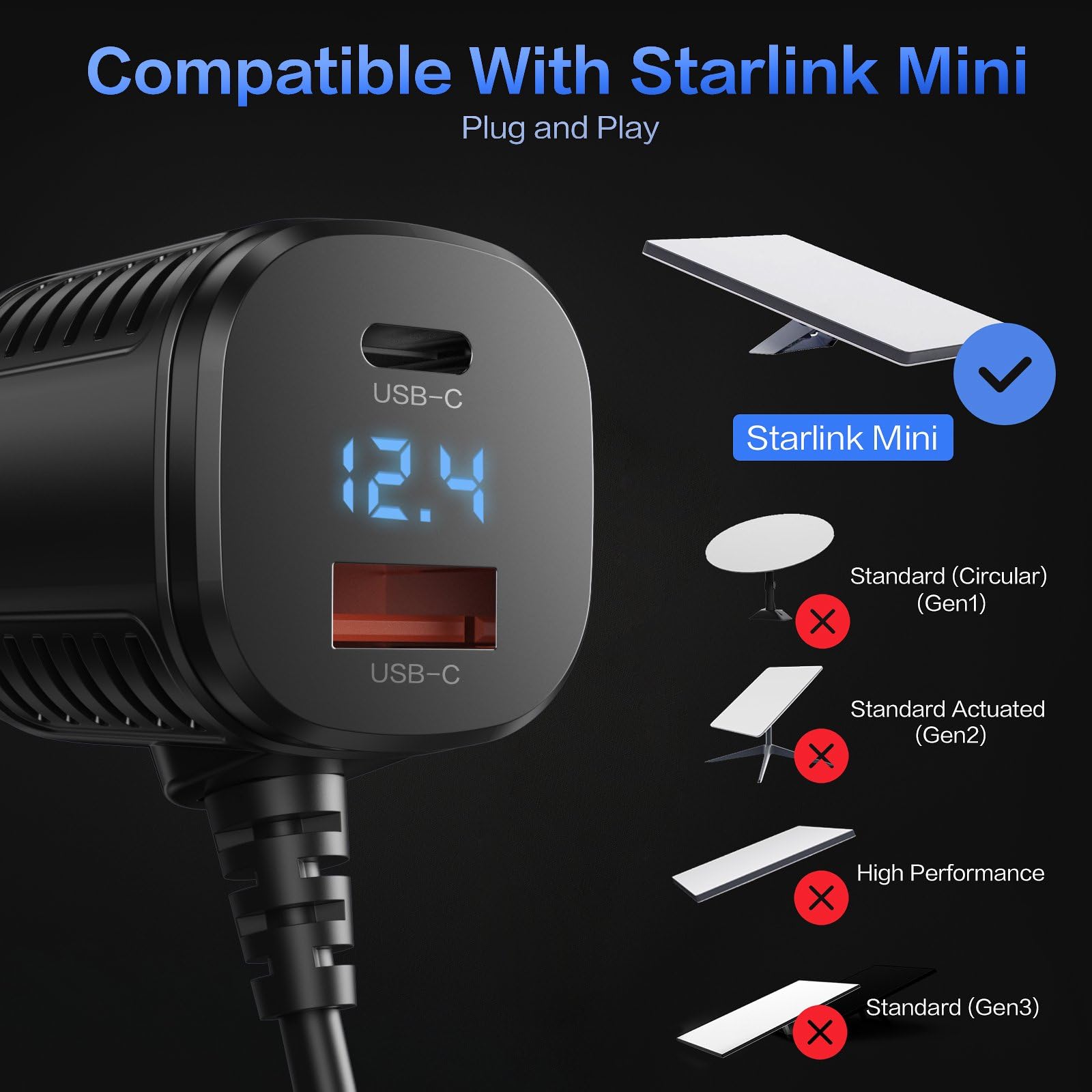 For Starlink Mini Cable, 3 in 1 Starlink Mini Car Charger DC Power Cable+ Cigarette Lighter Adapter 12V-48V with Digital Display USB C PD & USB A Ports for Trucks Cars 10FT - tejoy