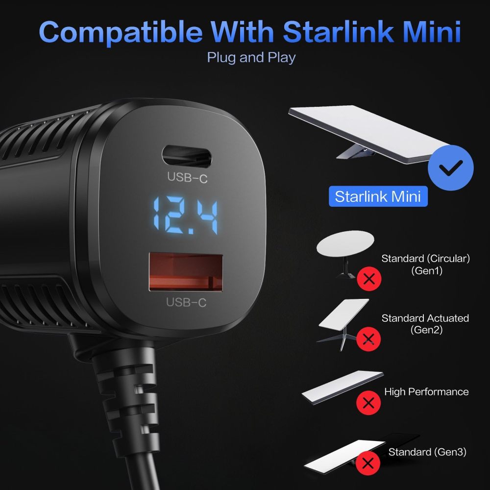 Starlink Mini Cable, 3 in 1 Starlink Mini Car Charger DC Power Cable+ Cigarette Lighter Adapter 12V-48V with Digital Display USB C PD & USB A Ports for Trucks Cars 10FT